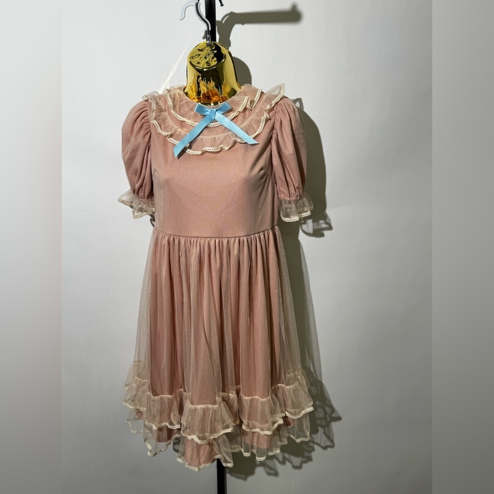 Pink Cottagecore Puff Sleeve Lace Ruffle Tulle Dress Size Small Fit & Flare